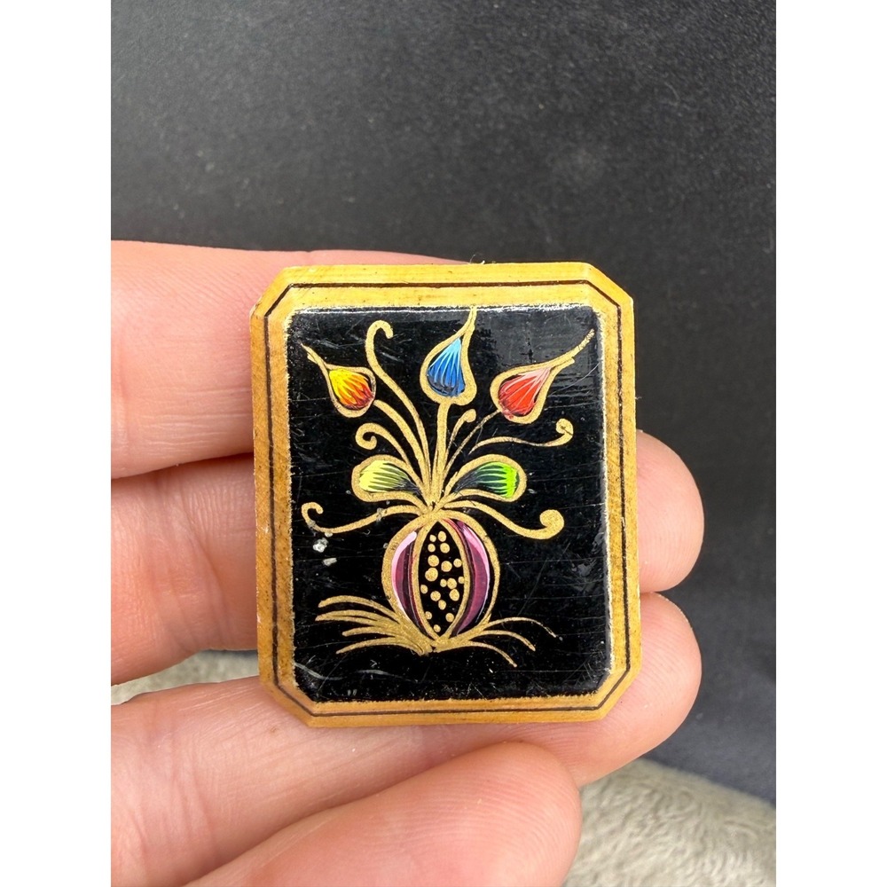 Vintage Painted Wood Brooch  Lacquer Folk Flowers Whimsical